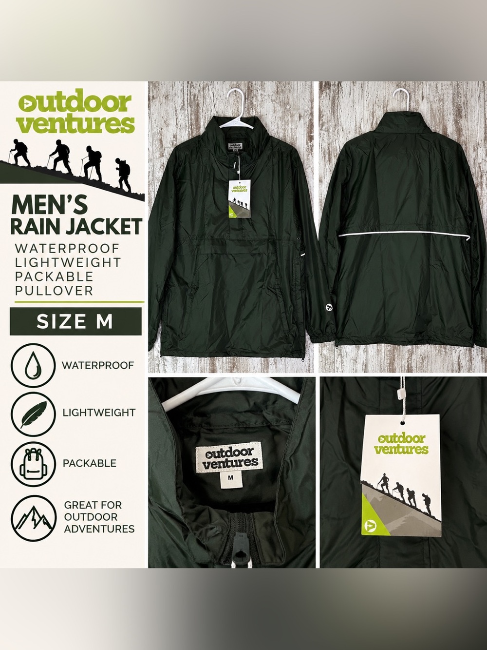 Outdoor Ventures Men’s Rain Jacket Medium Waterproof Packable Pullover Green NWT